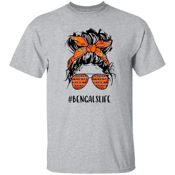 Bengals Life Cincinnati Bengals Messy Bun Girl With Headband And Glasses for Shirt