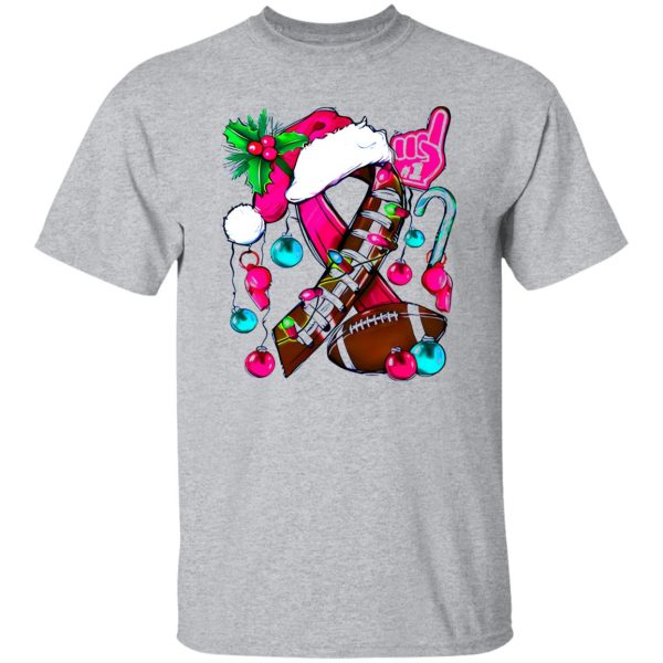 Christmas American Football Breast Cancer Shirt, Pink Ribbon Football Santa Hat Shirt