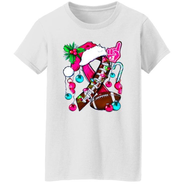 Christmas American Football Breast Cancer Shirt, Pink Ribbon Football Santa Hat Shirt