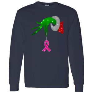 Grinch Hand Holding Breast Cancer Awareness Christmas Shirt