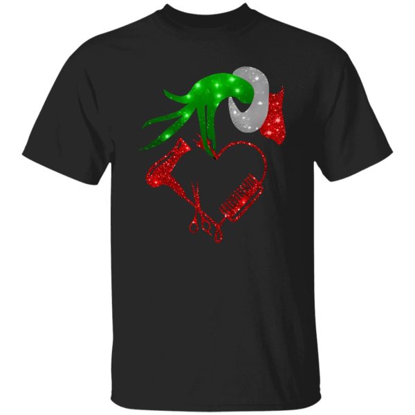 Grinch Hand Holding Hair Dryer Comb Scissors Christmas Shirt