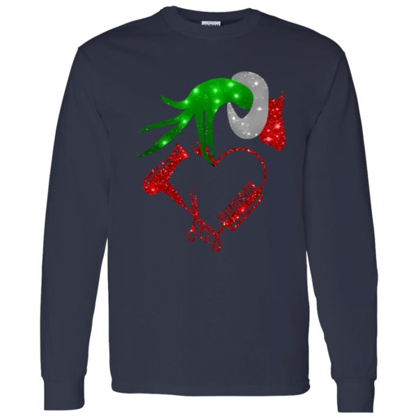 Grinch Hand Holding Hair Dryer Comb Scissors Christmas Shirt