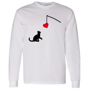 Cat Silhouette Shirt, Cat Looking At Fishing Rod With Heart for Cat Lovers Shirt