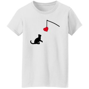 Cat Silhouette Shirt, Cat Looking At Fishing Rod With Heart for Cat Lovers Shirt