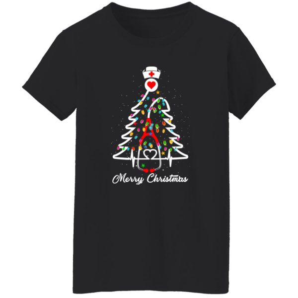 Merry Christmas Nurse Christmas Tree With Fairy Lights And Stethoscope for Shirt