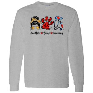 Aunt Life Dogs Nursing Messy Bun Girl With Headband And Glasses Dog Paws Shirt