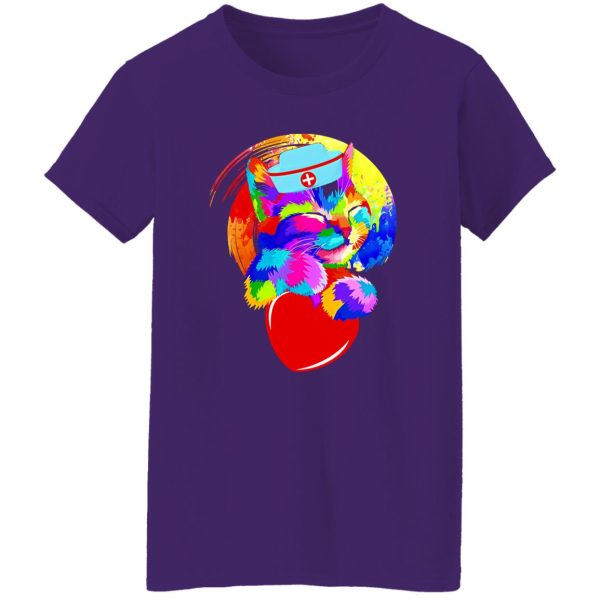 Colorful Kitten Nurse with Red Heart Shirt