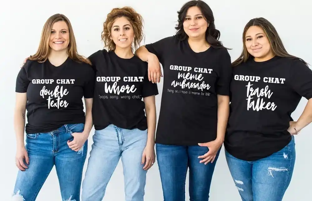 A Group Of Friends Wearing T Shirts With Motivational Slogans, Laughing Together Shirt