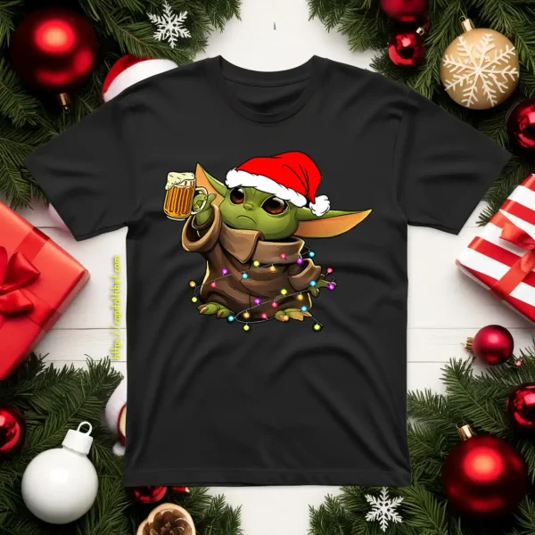 Baby Yoda With Santa Hat Drinking Beer For Christmas Shirt