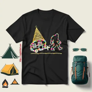 Bigfoot With Camping Car And Xmas Tree For Christmas Shirt