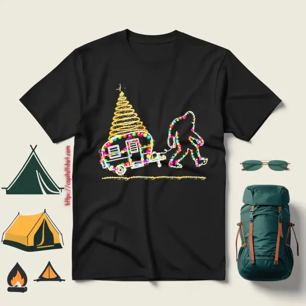 Bigfoot With Camping Car And Xmas Tree For Christmas Shirt