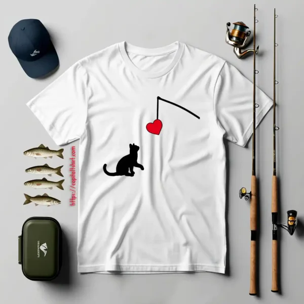 Cat Silhouette Shirt, Cat Looking At Fishing Rod With Heart For Cat Lovers Shirt