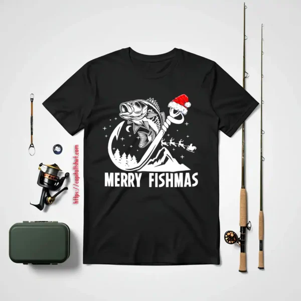 Christmas Santa Hat Fishing Lover Shirt, Merry Fishmas Shirt