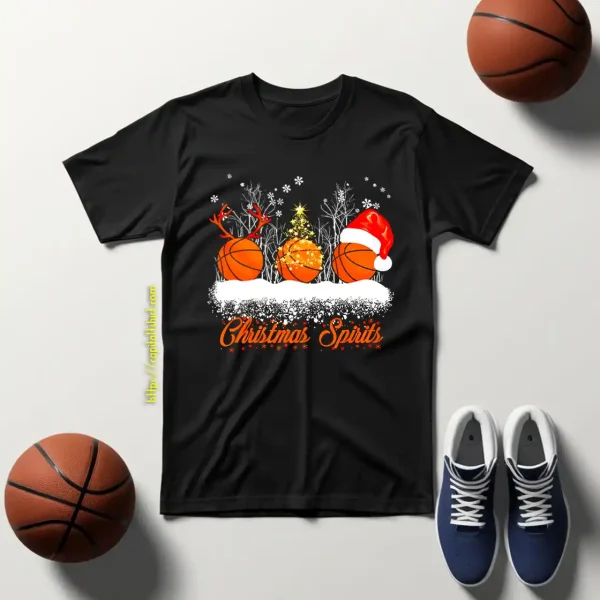 Christmas Spirits Three Basketballs With Reindeer Horns Fairy Lights And Christmas Hat Shirt