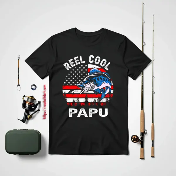 Fathers Day Us Flag Vintage Reel Cool Papu Fishing Shirt