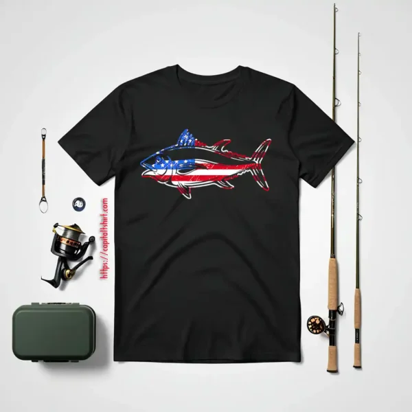 Fish Shirt, Tuna Fishing American Flag Giant Bluefin Fish Fisherman Shirt