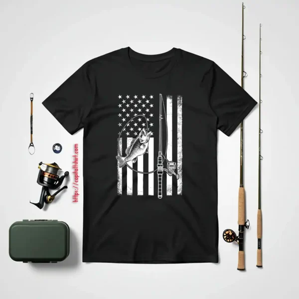 Fishing Lover Shirt, Fishing Rod With Fish American Flag Shirt