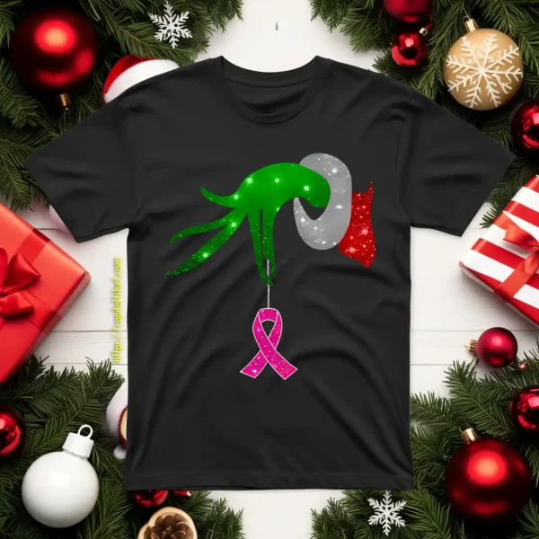 Grinch Hand Holding Breast Cancer Awareness Christmas Shirt