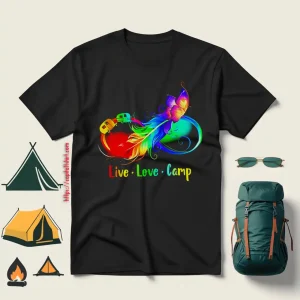 Live Love Camp Rainbow Feather With Camp Bus And Butterfly Shirt