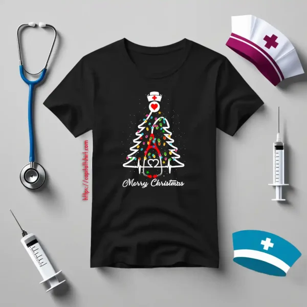 Merry Christmas Nurse Christmas Tree With Fairy Lights And Stethoscope For Shirt