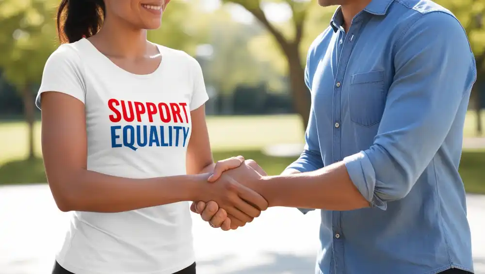 Two People Shaking Hands, One Wearing A T Shirt With A Message Related To Charity Or Activism Shirt