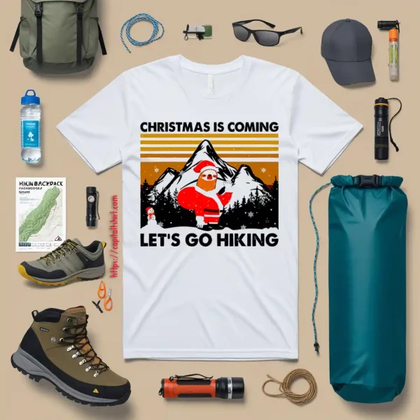 Vintage Santa Sloth Christmas Is Coming Let’s Go Hiking For Hiking Lover Shirt