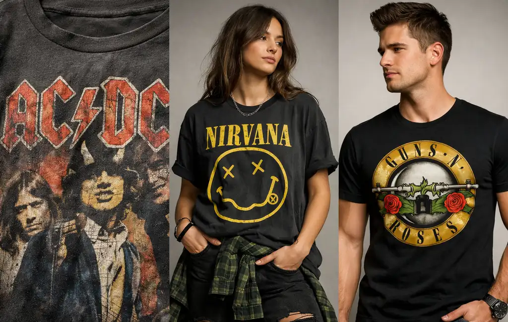 Comparison of vintage and modern band T shirts showing how band tees remain in style in 2026.