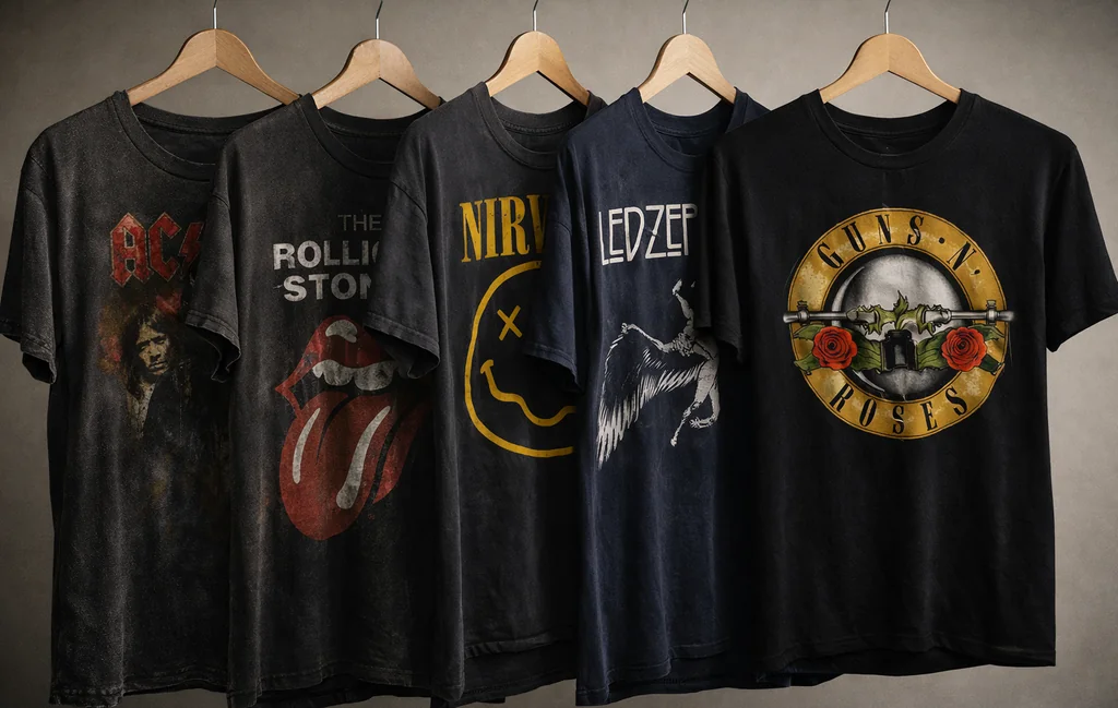 Evolution of band T shirts from classic rock era to modern streetwear fashion.