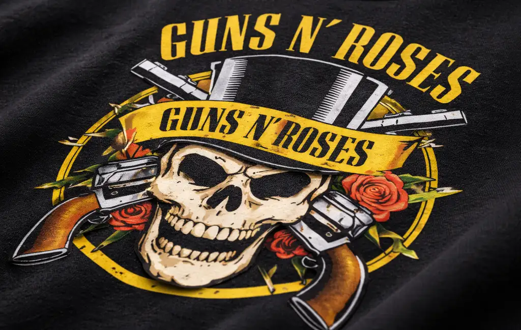 Close-up detail of heavyweight cotton rock band shirt fabric and printed graphic surface.