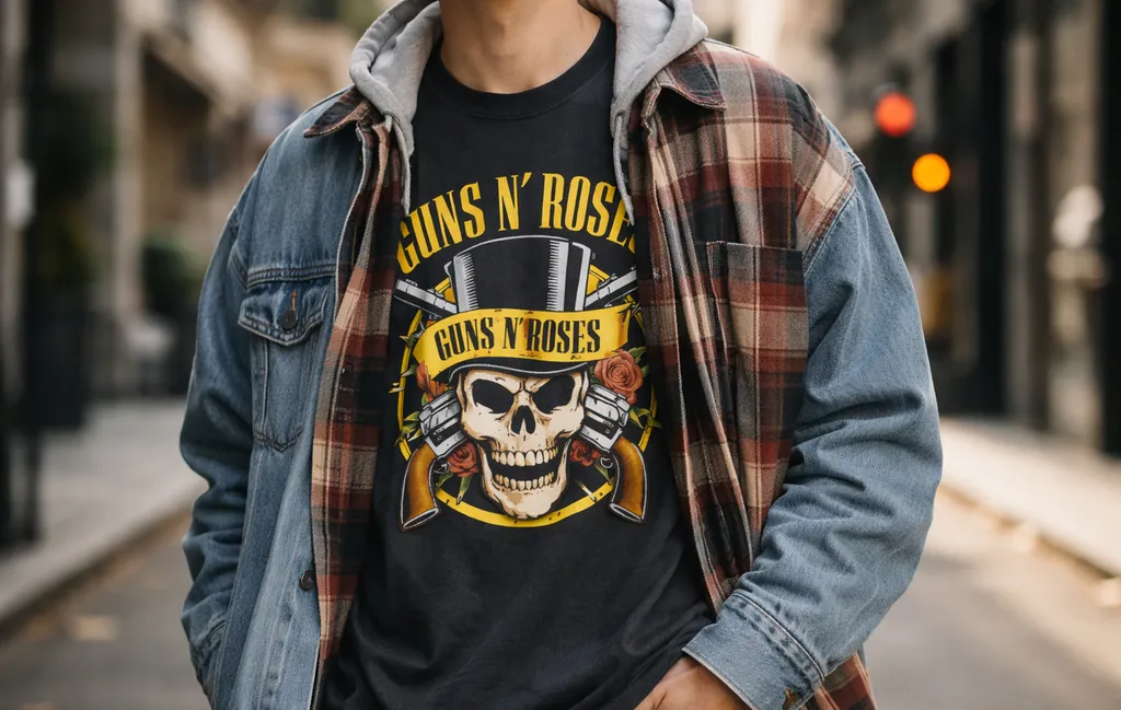 Young adult styling a rock band shirt with layered streetwear pieces in a contemporary urban outfit.