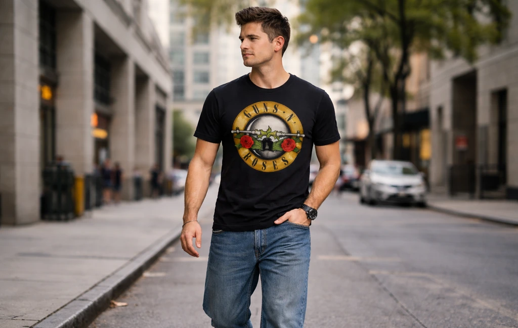 Young adult styling a modern band tee with relaxed jeans and layered streetwear look.