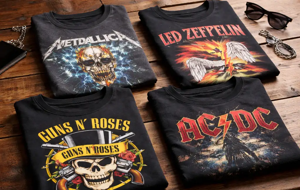 Display of premium rock band shirts arranged neatly showcasing multiple classic graphic styles.
