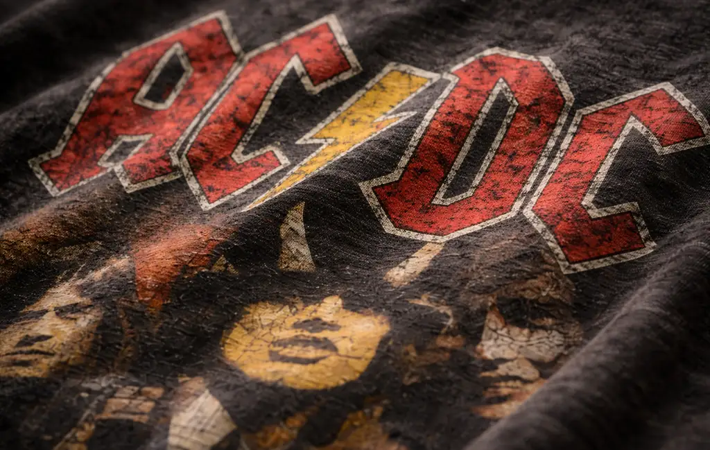 Close-up of authentic vintage band tee with naturally faded distressed print.