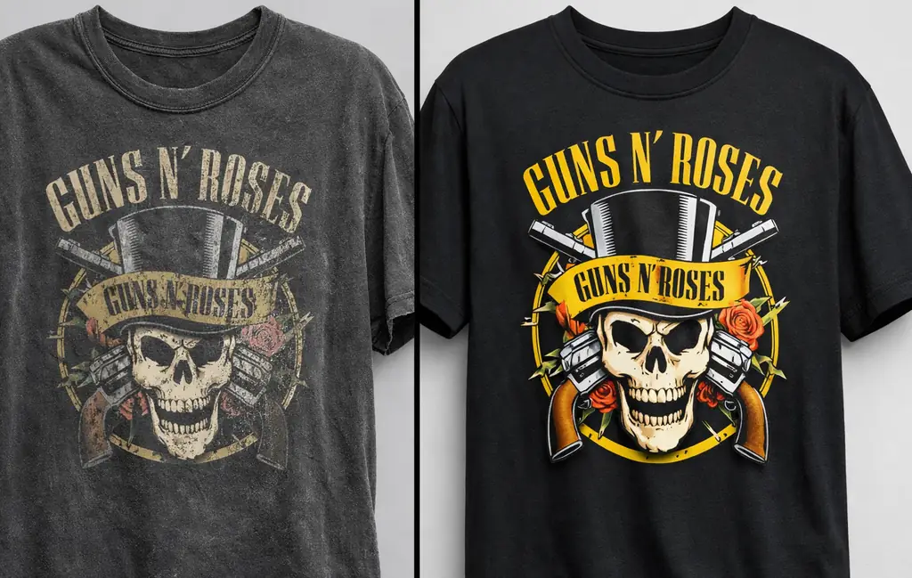 Side-by-side comparison of vintage style and modern print rock band tees showing fabric and fit differences.