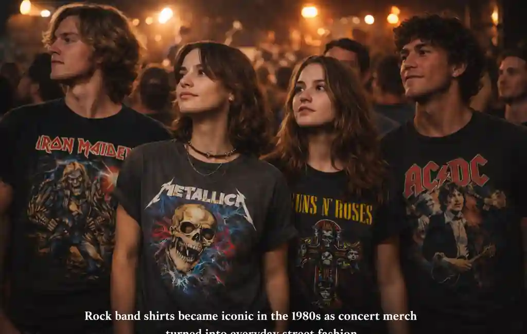 Fans wearing 1980s rock band shirts at a concert inspired setting