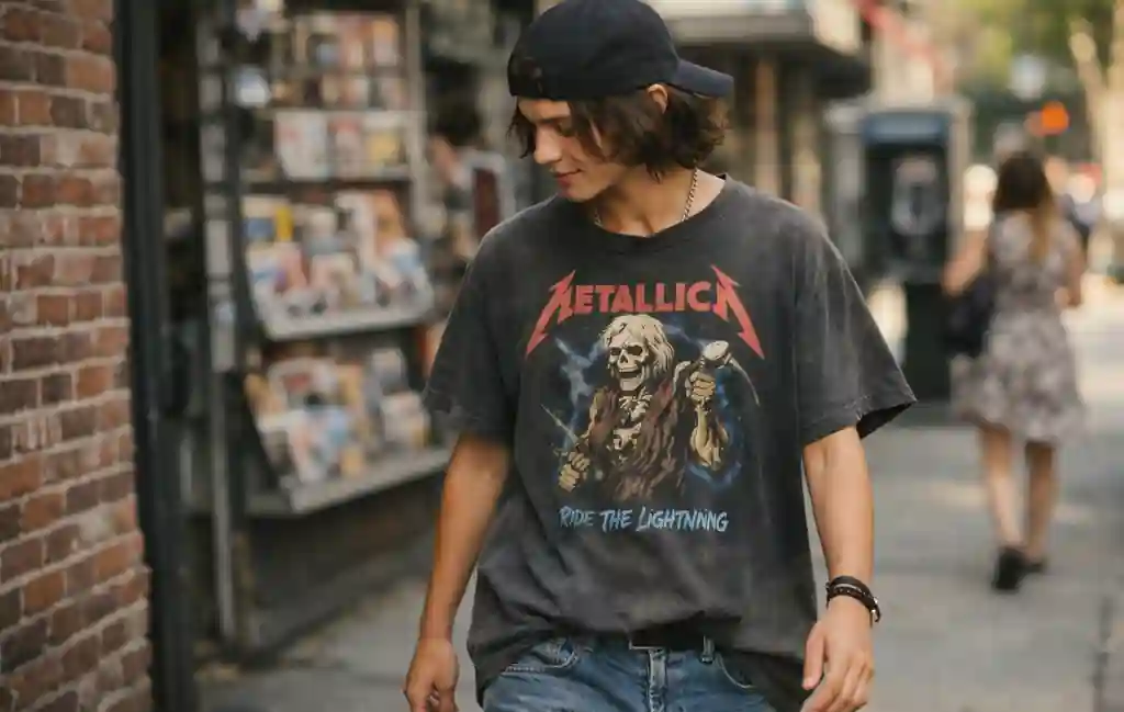 Street-style photo inspired by 1990s vintage band shirt fashion culture.