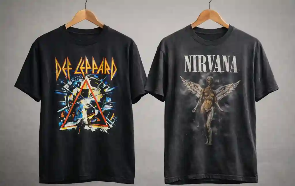 Side by side comparison of bright 80s rock band shirt graphics and darker 90s grunge style designs.