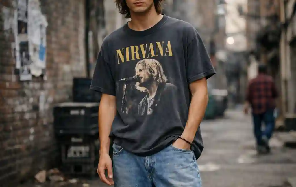 Street-style scene showing a 90s band tee worn with relaxed denim in a grunge-inspired setting.