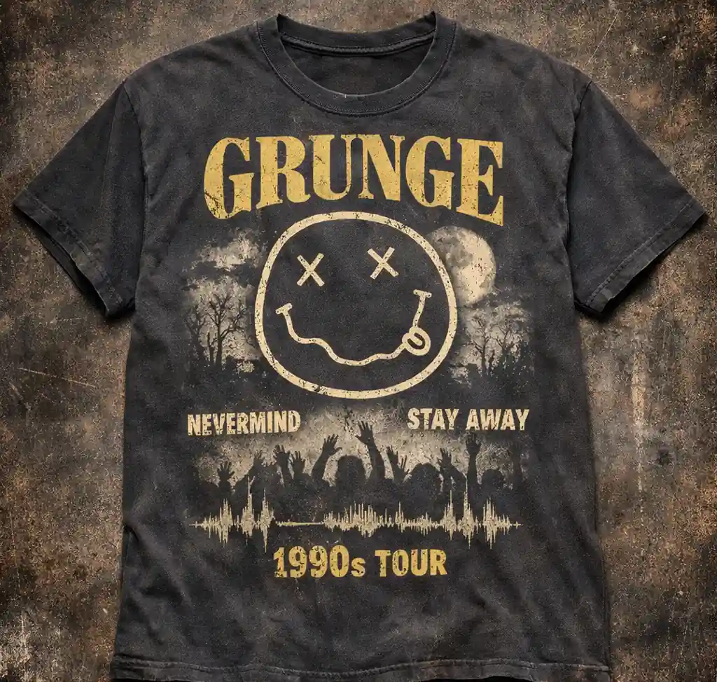 Vintage-style 90s band tee layered with open flannel and relaxed streetwear fit.