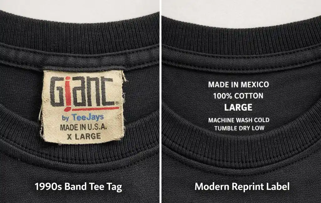Comparison of a 90s band tee tag and a modern reprint label inside the collar.