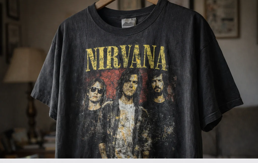 A classic 90s rock band shirt with distressed graphic typical of the grunge era.
