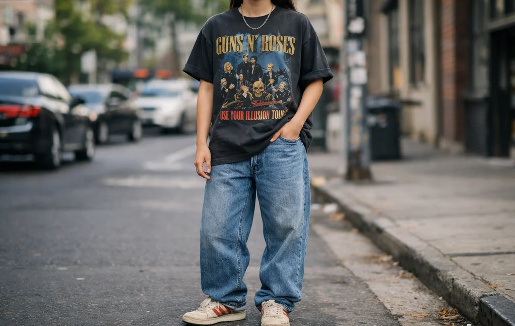 Street style photo of a 90s-inspired tour band tee styled with relaxed denim.
