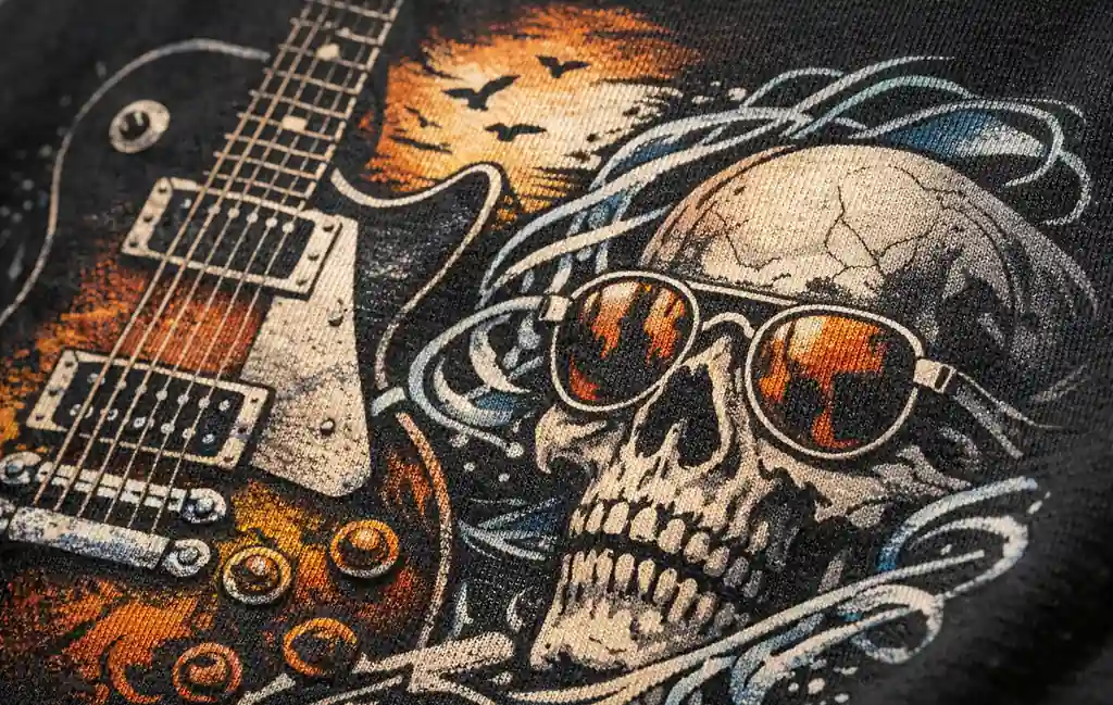 Close-up of layered ink detail on an artistic music graphic tee showing visible cotton grain and matte print finish.