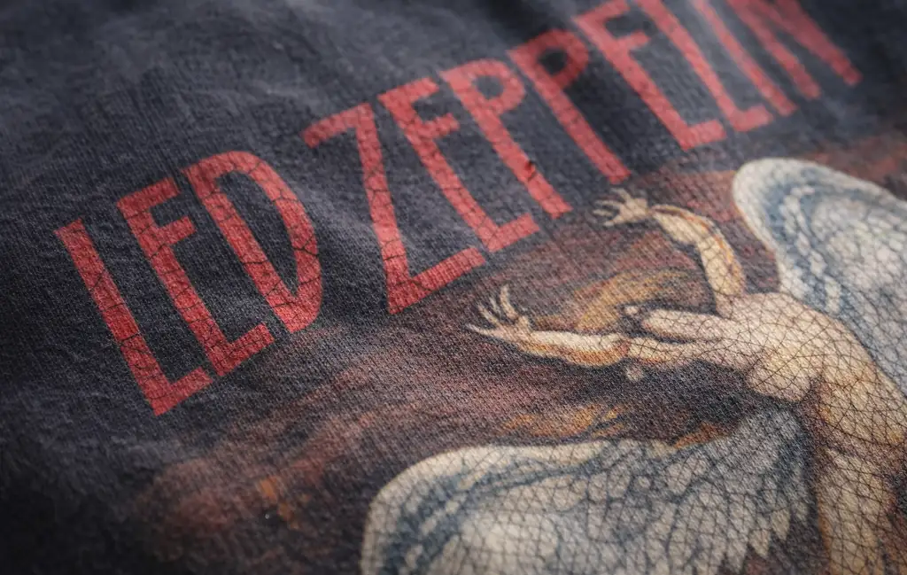 Close-up detail of cracked screen print on an authentic vintage band t-shirt.