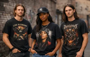 Editorial street-style image showing different music graphic designs by genre worn in an urban setting.