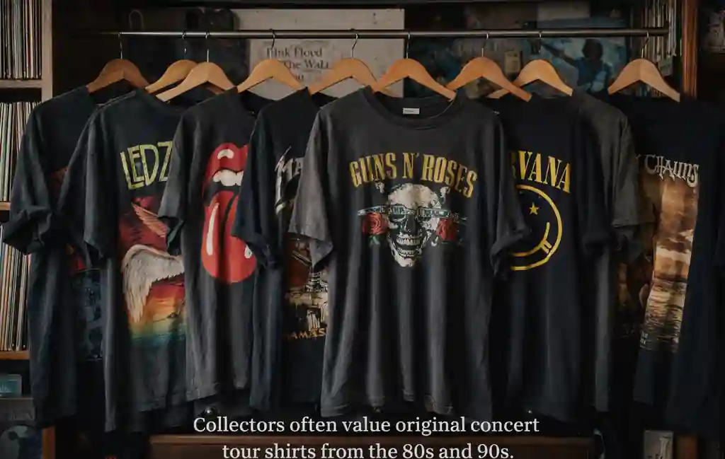 Collection of vintage rock band t-shirts displayed in a music collector’s wardrobe.