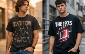 A side-by-side comparison of classic rock vs modern rock shirts showing vintage and contemporary band tee styling.