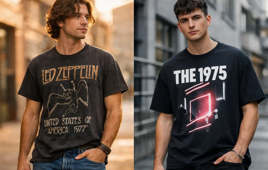 A side-by-side comparison of classic rock vs modern rock shirts showing vintage and contemporary band tee styling.