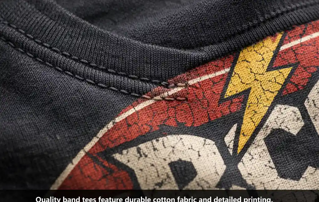 Close-up of cotton fabric and stitching on a rock band t-shirt showing texture and print detail.