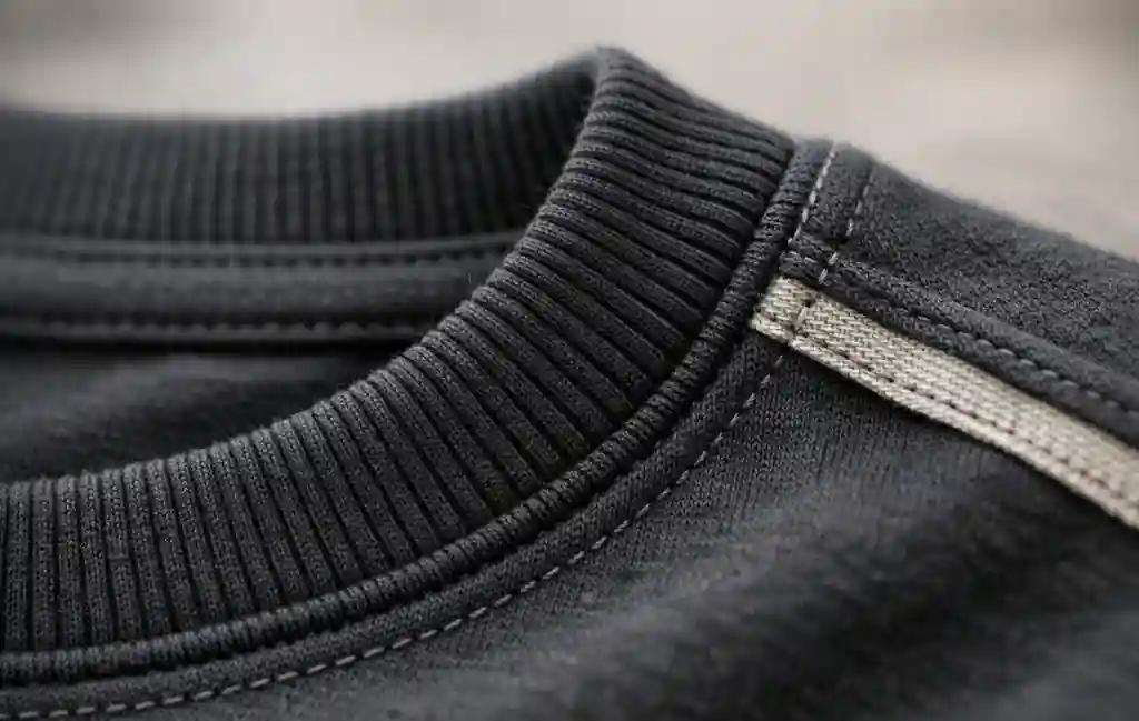 Detailed view of heavyweight cotton music graphic tee collar and shoulder stitching.